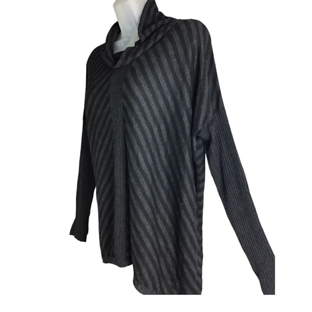 Eileen Fisher Cowl Scrunch Neck Striped Relaxed Fit Knit Sweater Black/ Gray